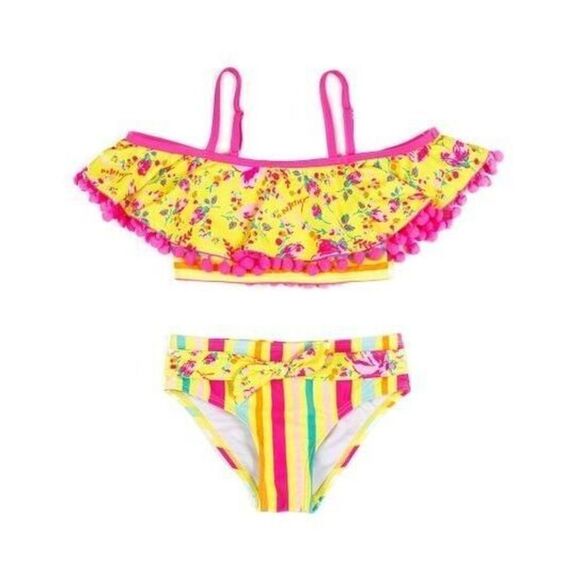 Betsey Johnson | Yellow Floral Stripe Ruffle Pom-Pom Bow BikiniGirls Size 10 - Picture 1 of 9